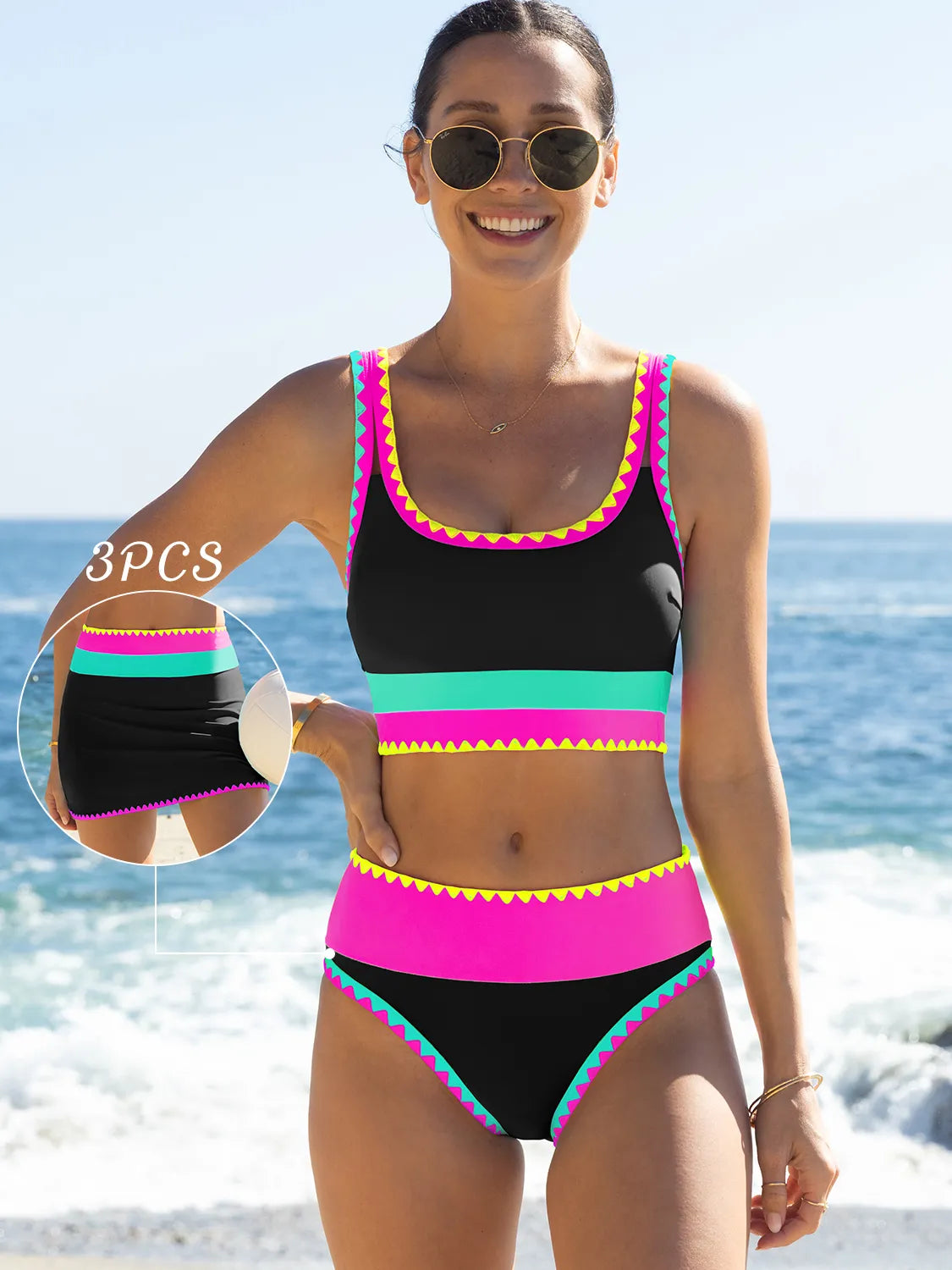 Iconico Swimwear Malibu 3-Piece Colorblock Bikini Set bikini set black pink