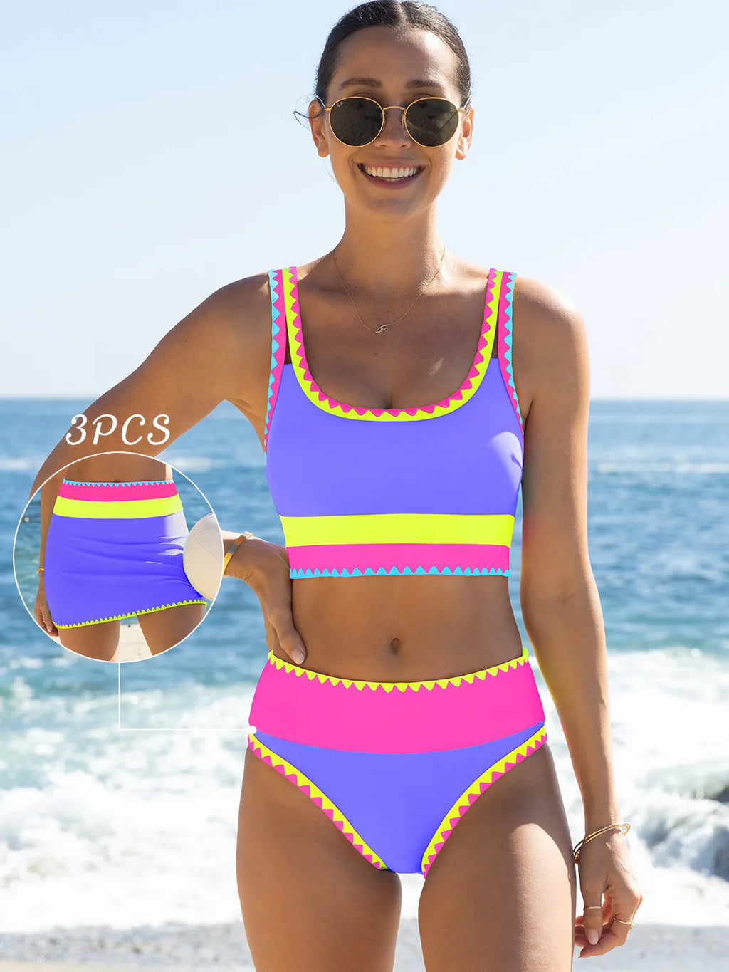 Iconico Swimwear Malibu 3-Piece Colorblock Bikini Set bikini set black pink