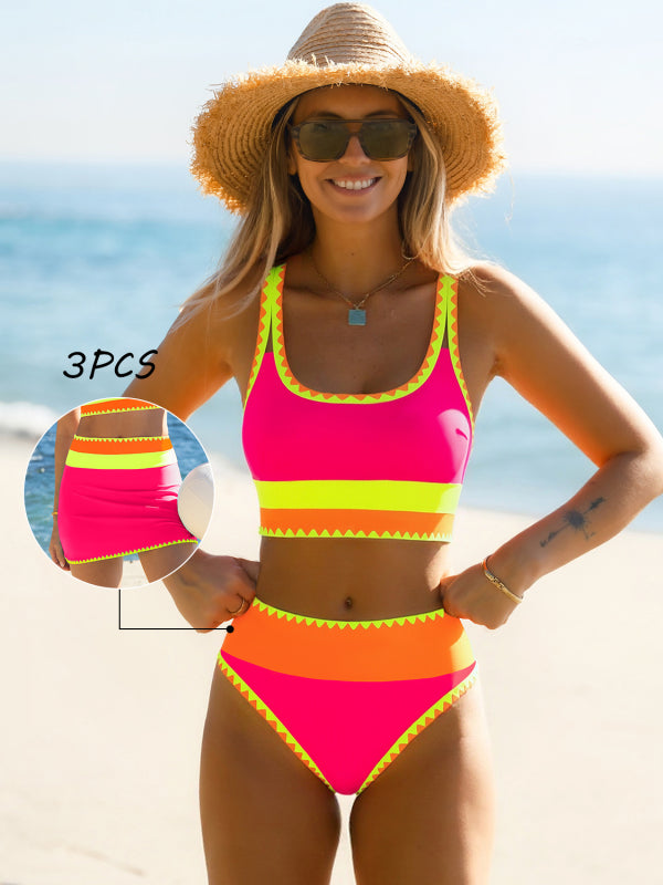 Iconico Swimwear Malibu 3-Piece Colorblock Bikini Set bikini set black pink