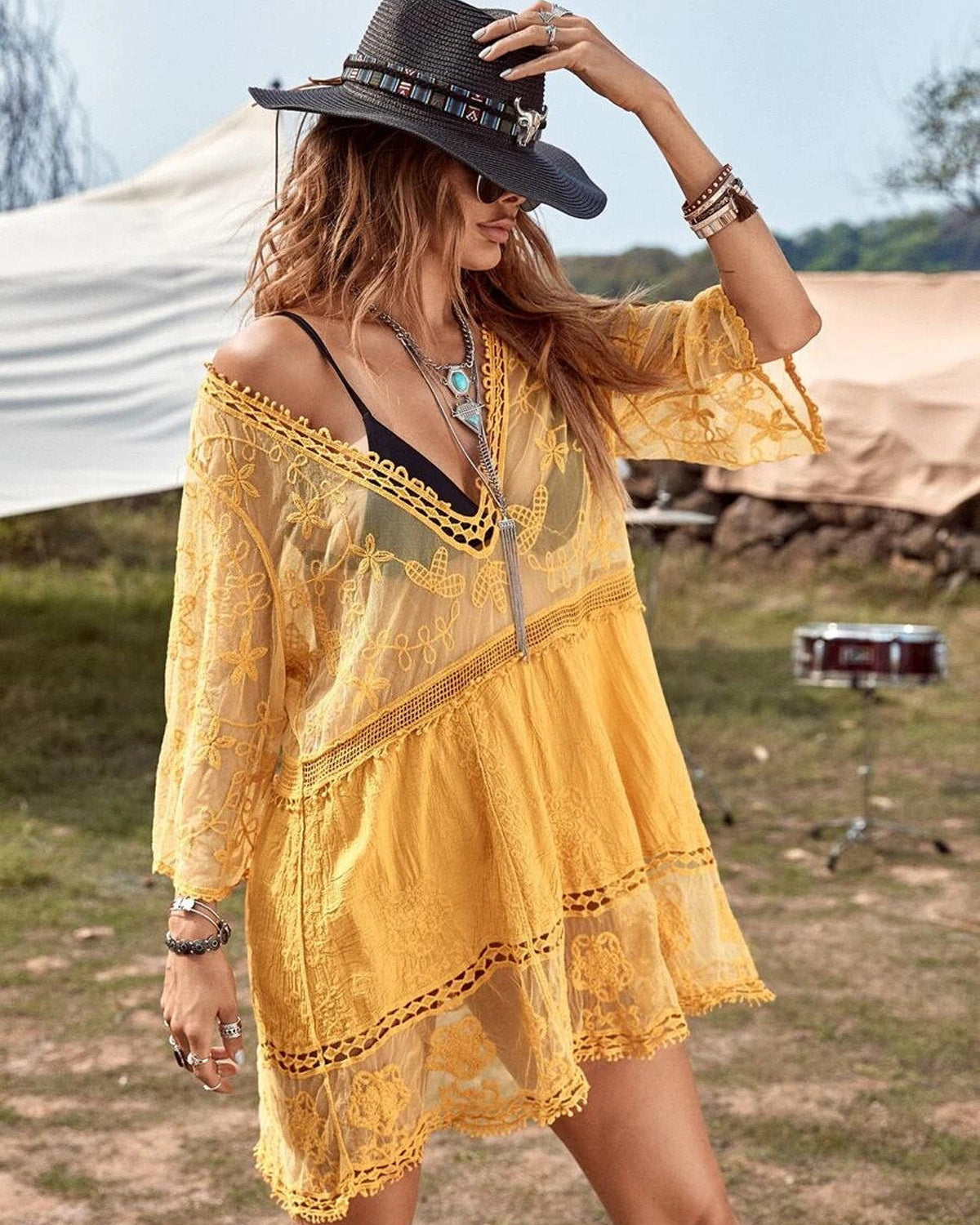 Iconico Swimwear Floral Sheer Mesh Lace Beach Cover Up cover up dress white black