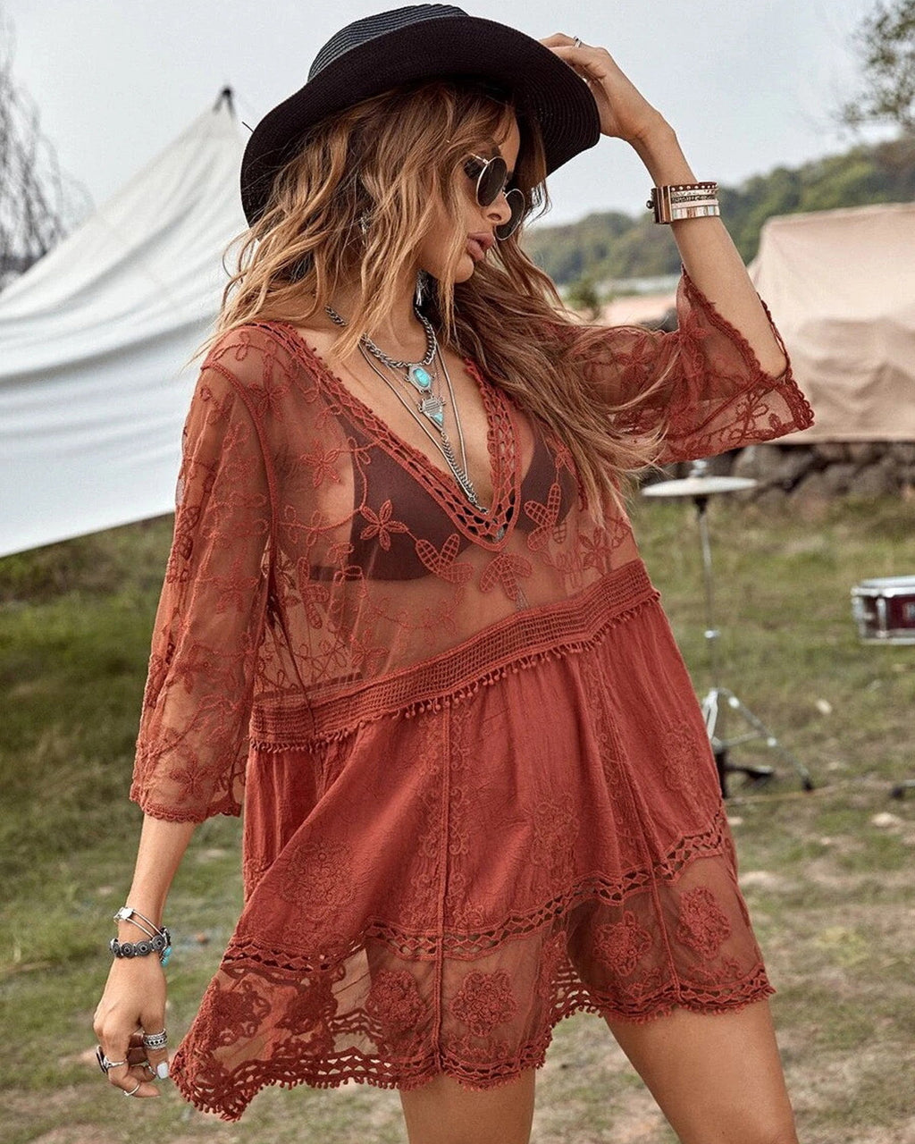 Iconico Swimwear Floral Sheer Mesh Lace Beach Cover Up cover up dress white black