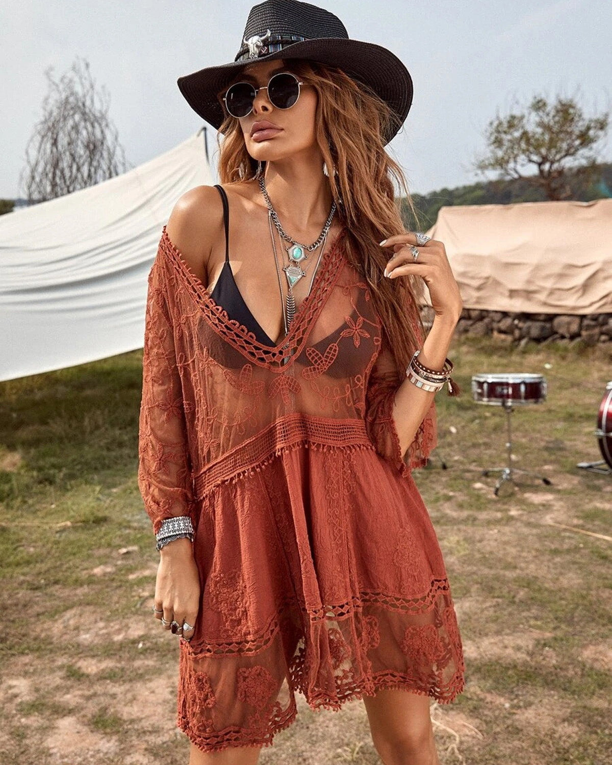 Iconico Swimwear Floral Sheer Mesh Lace Beach Cover Up cover up dress white black