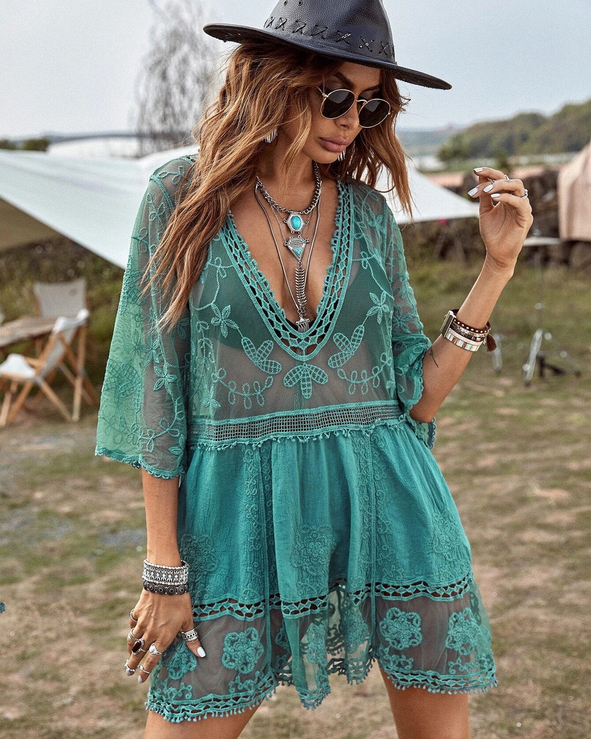 Iconico Swimwear Floral Sheer Mesh Lace Beach Cover Up cover up dress white black