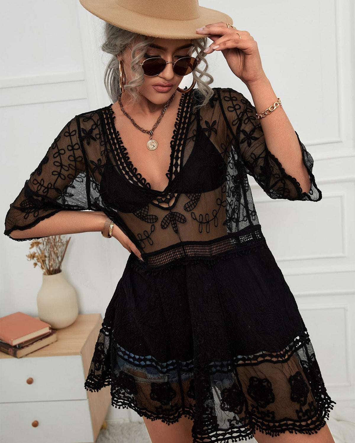 Iconico Swimwear Floral Sheer Mesh Lace Beach Cover Up cover up dress white black