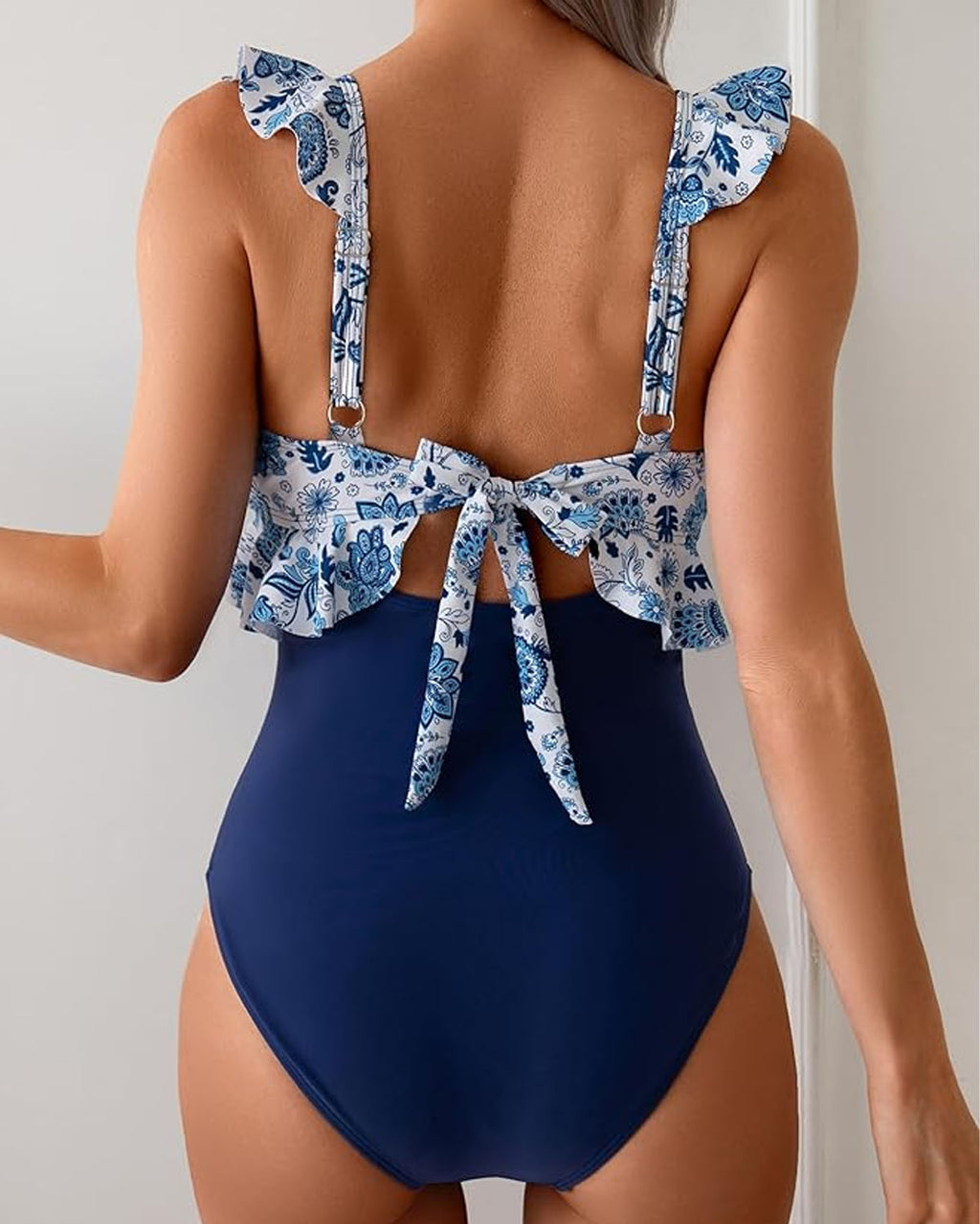 Iconico Swimwear Ruffle Trim Tie Front One Piece Swimsuit one piece swimsuit blue black