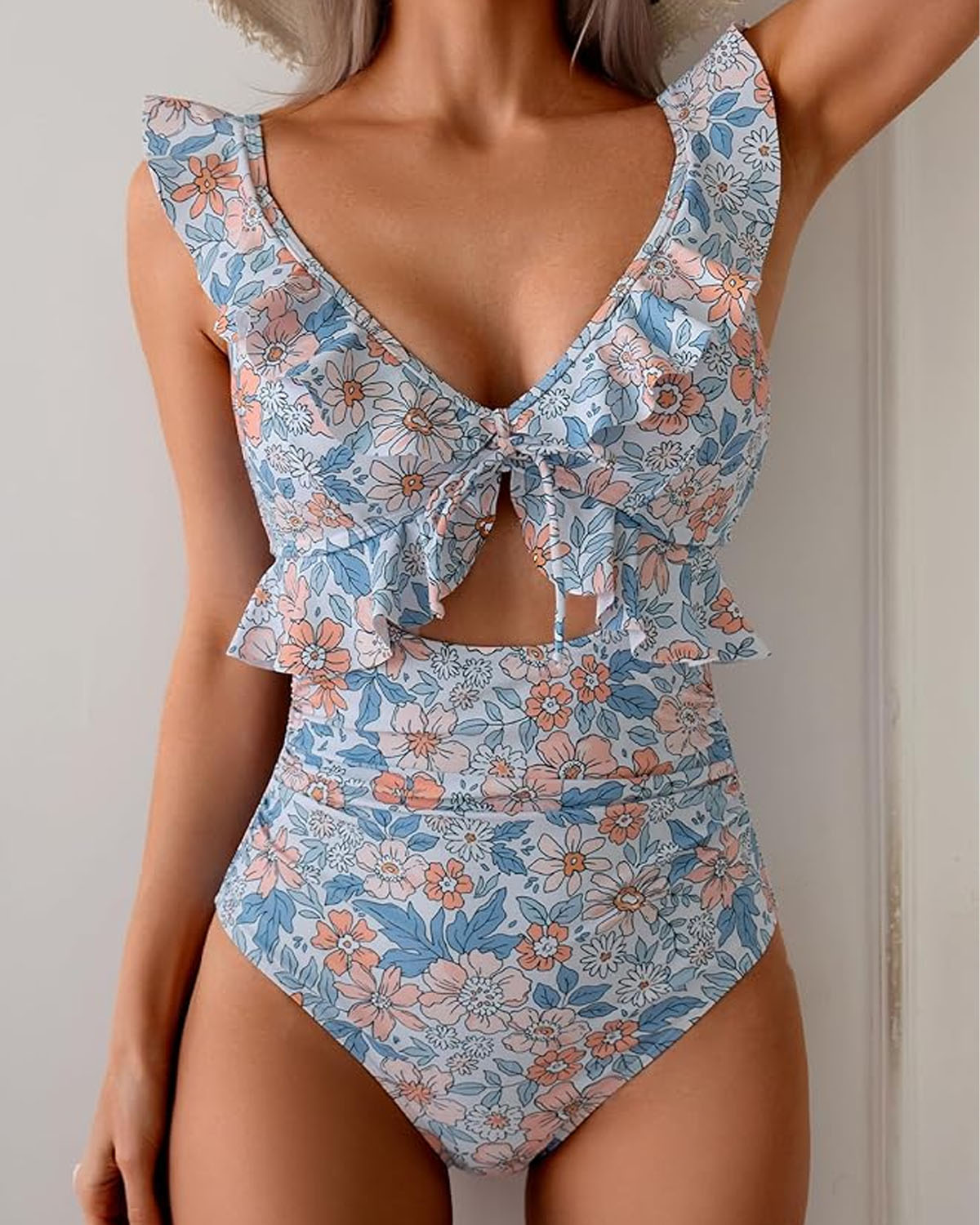 Iconico Swimwear Ruffle Trim Tie Front One Piece Swimsuit one piece swimsuit blue black