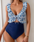 Iconico Swimwear Ruffle Trim Tie Front One Piece Swimsuit one piece swimsuit blue black