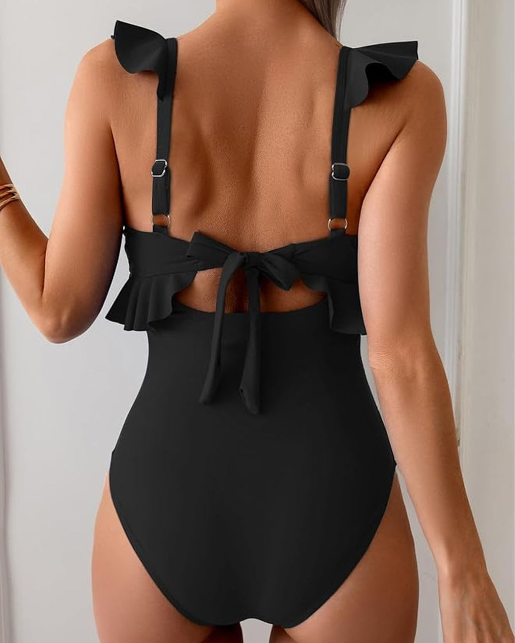 Iconico Swimwear Ruffle Trim Tie Front One Piece Swimsuit one piece swimsuit blue black