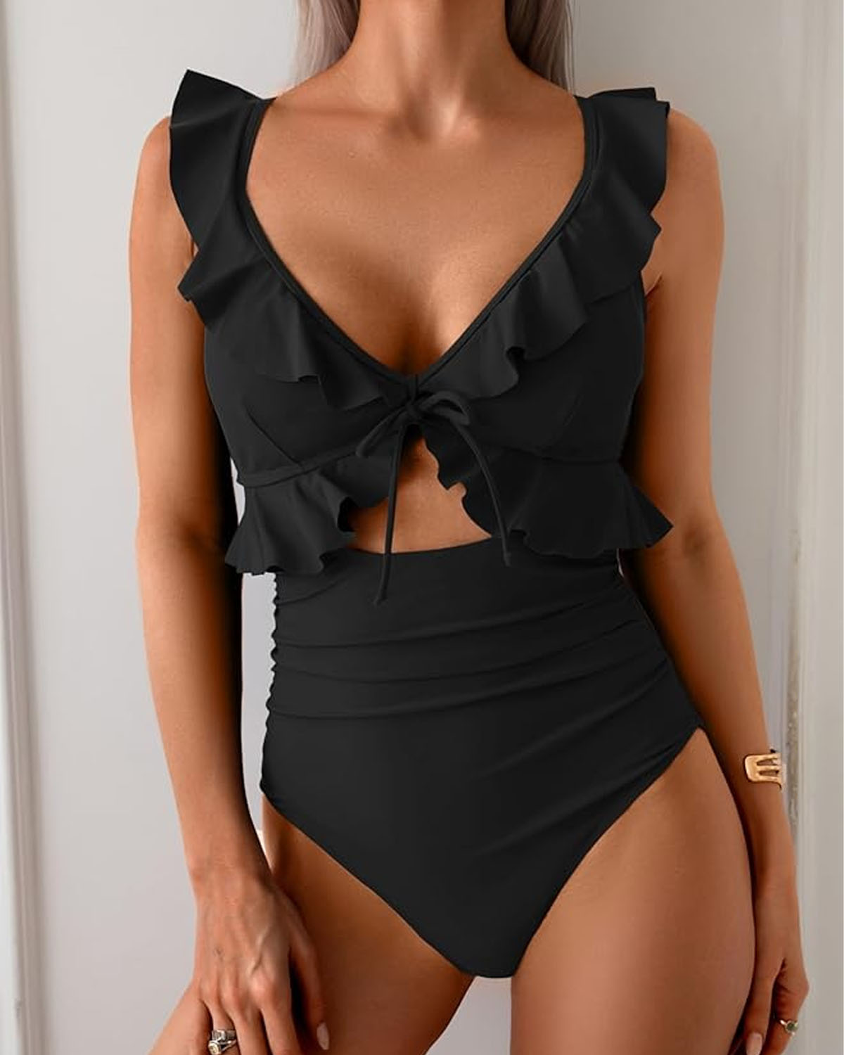 Iconico Swimwear Ruffle Trim Tie Front One Piece Swimsuit one piece swimsuit blue black