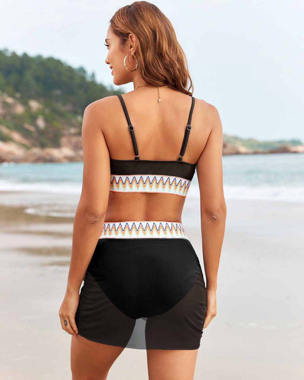 Iconico Swimwear Boho Zigzag Bikini Set with Mesh Skirt bikini set pink black