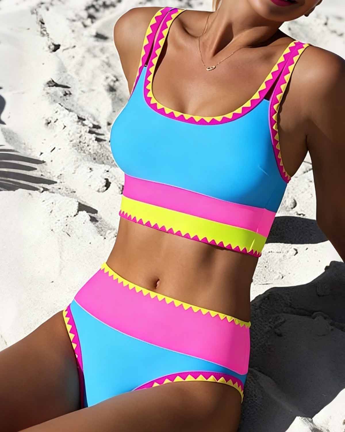 Iconico Swimwear Malibu 3-Piece Colorblock Bikini Set bikini set black pink