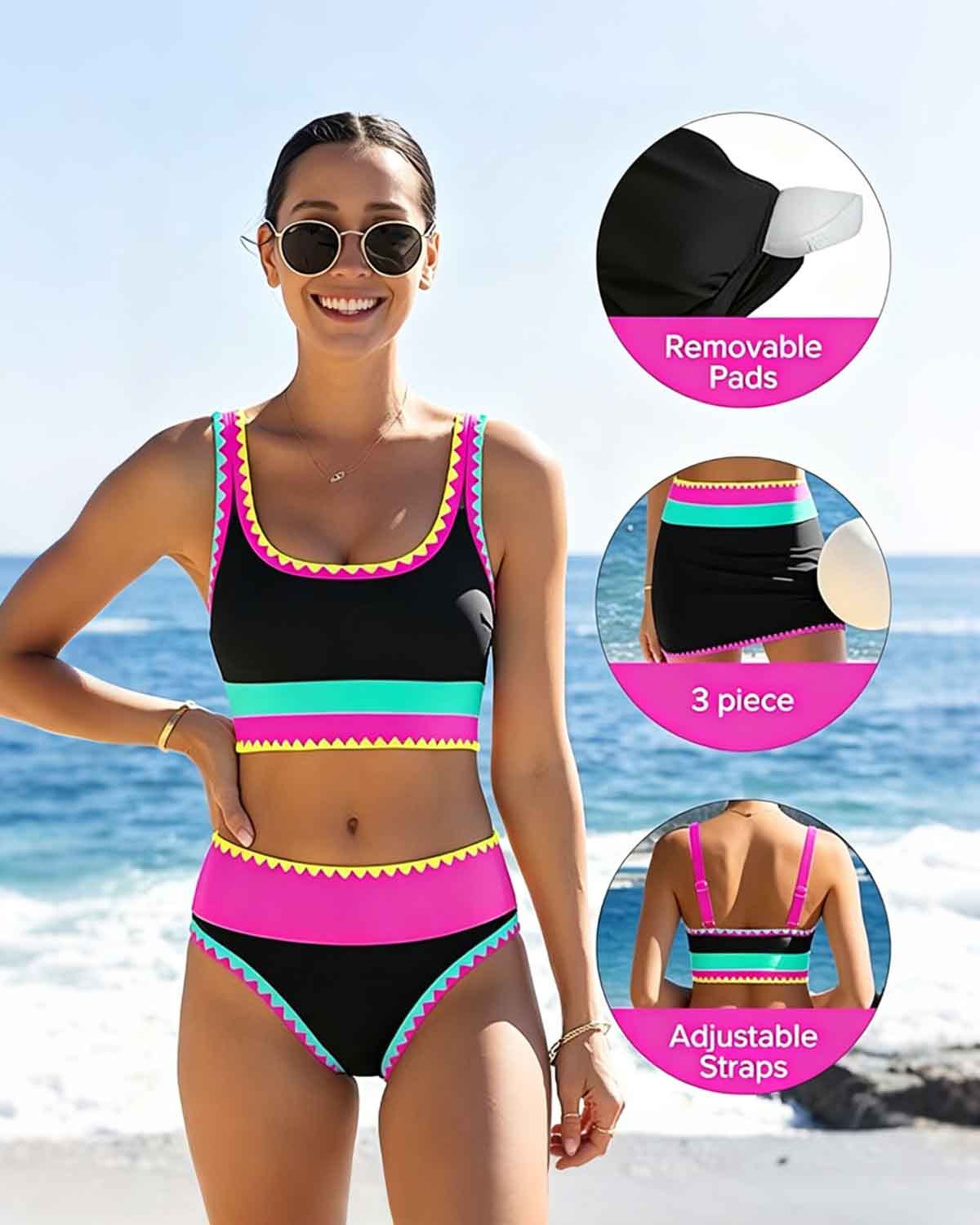 Iconico Swimwear Malibu 3-Piece Colorblock Bikini Set bikini set black pink