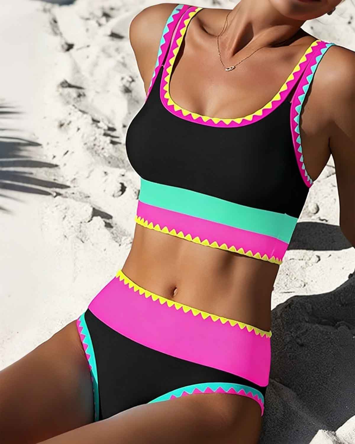 Iconico Swimwear Malibu 3-Piece Colorblock Bikini Set bikini set black pink